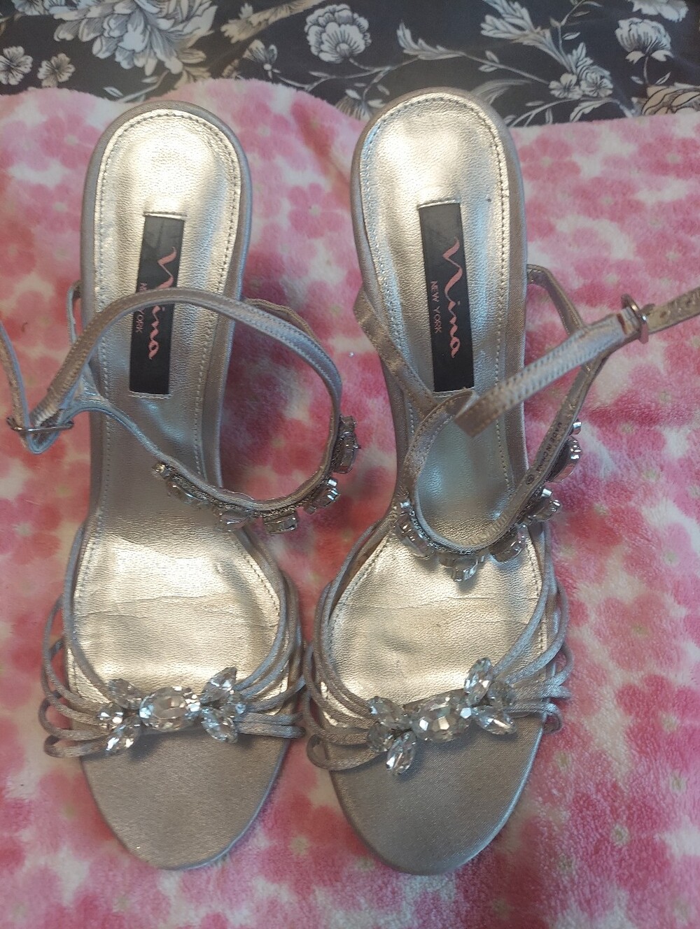 Nina Silver Jeweled Strappy Heels size 8.5